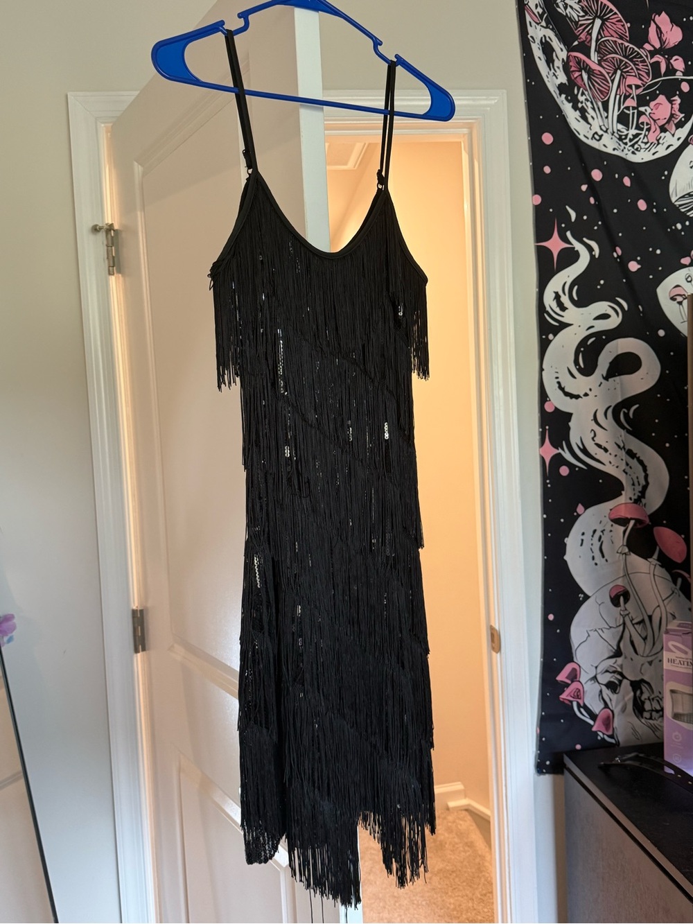 Black One-Shoulder Fringe Evening Dress